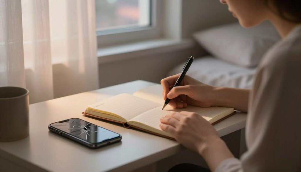 A serene bedroom scene with a dream journal open on a bedside table, surrounded by a soft glow of warm light. In the foreground, a person is thoughtfully writing notes, depicted from the side in a casual, professional outfit, reflecting introspection. The middle ground features a cracked smartphone lying next to the journal, symbolizing communication issues, with subtle shadows emphasizing its broken screen. In the background, a window reveals a soft twilight sky, creating a calming atmosphere. Gentle light filters through sheer curtains, adding to the dreamlike quality of the scene. The overall mood is reflective and insightful, inviting viewers to explore dream interpretation.