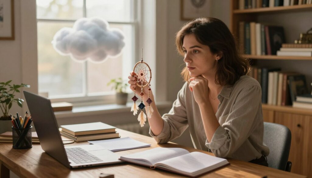 A serene dream interpretation scene set in a cozy, warmly lit room. In the foreground, a professional-looking woman in modest casual attire sits at a wooden desk covered with open dream journals and notes, thoughtfully examining a small dream catcher. In the middle, a large window lets in soft, golden light, illuminating a bookshelf filled with books about dreams and psychology. In the background, a gently floating cloud peeks through the window, symbolizing the ethereal nature of dreams. The atmosphere is calm and introspective, evoking feelings of curiosity and enlightenment. Capture this scene from a slightly elevated angle to show the depth of the room while emphasizing the woman’s engaged expression as she contemplates the meanings behind the dreams.