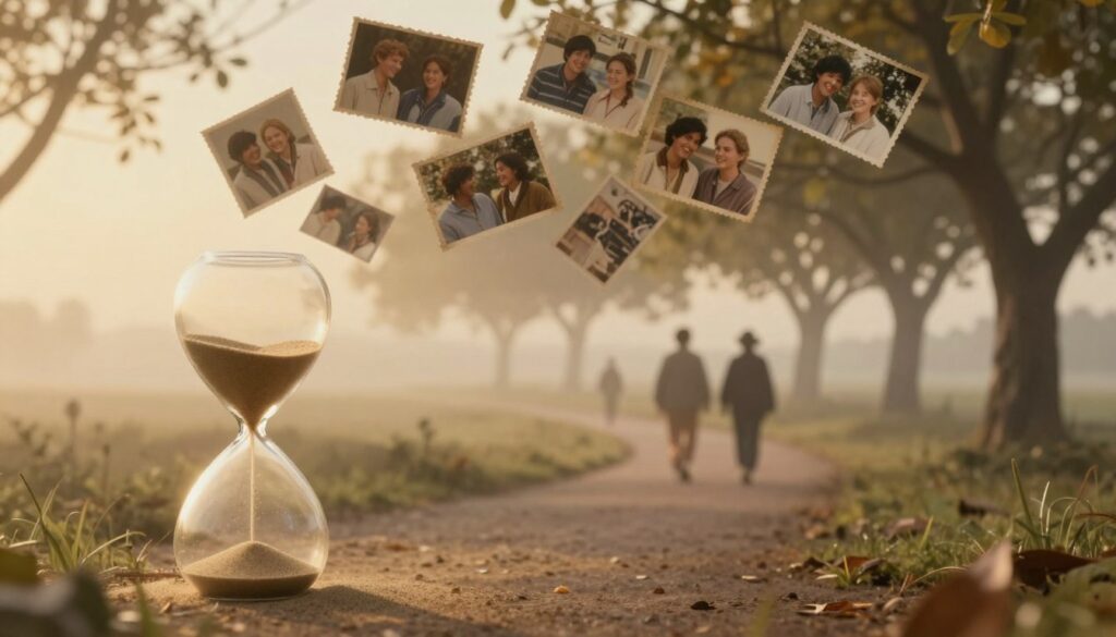 A serene, dreamlike scene depicting symbolic representations of nostalgia and past friendships. In the foreground, a softly glowing hourglass spills sand, symbolizing the passage of time. Wisps of memory in the form of faded photographs hover above, capturing moments of laughter and camaraderie. In the middle ground, a winding path lined with trees bears the faint silhouettes of people in modest casual clothing, their expressions reflecting warmth and familiarity, suggesting the presence of old friends. The background features a soft, ethereal landscape merging into a misty horizon, bathed in warm golden light to evoke a sense of nostalgia. The atmosphere is gentle and introspective, reminiscent of cherished memories. The overall composition creates a feeling of longing and reflection, inviting the viewer to ponder their own past connections.