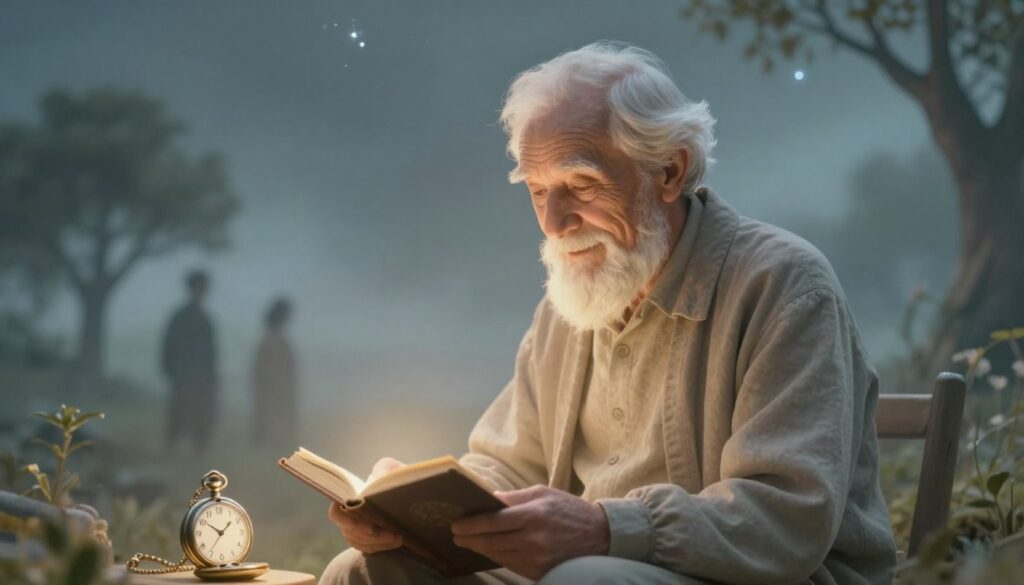 A serene dreamscape featuring a figure representing a deceased grandfather, depicted as a wise, elderly man with gentle features and a kind expression. He sits in a cozy, ethereal environment, surrounded by soft, glowing light, evoking a sense of warmth and guidance. In the foreground, a family heirloom, such as a pocket watch or old book, symbolizes the connection to his wisdom. The middle ground showcases faint silhouettes of ancestral trees, hinting at lineage and legacy. The background fades into a subtle, starry night sky, adding a touch of mystery and calm. The scene is softly illuminated, creating a peaceful, reflective atmosphere that conveys love, guidance, and the importance of ancestral wisdom. Use a soft-focus lens effect to enhance the dreamlike quality.