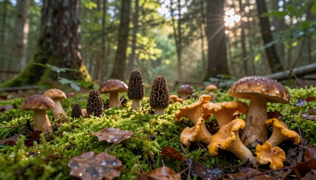 A serene forest scene depicting edible mushrooms, including chanterelles, morels, and porcini, in a lush undergrowth setting. In the foreground, vibrant green moss and fallen leaves surround the mushrooms, with gentle dewdrops glistening in soft morning light. The middle ground showcases a variety of mushrooms arranged naturally, some half-hidden by foliage, while tall trees with a rich canopy create an enchanting atmosphere. Sunlight filters through the leaves, casting dappled shadows on the forest floor, evoking a sense of tranquility and wonder. The background contains a softly blurred outline of additional trees, enhancing depth and inviting exploration. The mood is peaceful and dreamlike, highlighting the beauty and mystery of foraging for edible fungi in nature. Soft focus, natural lighting, and a warm color palette to evoke a sense of calm and connection with the earth. A serene forest scene depicting edible mushrooms, including chanterelles, morels, and porcini, in a lush undergrowth setting. In the foreground, vibrant green moss and fallen leaves surround the mushrooms, with gentle dewdrops glistening in soft morning light. The middle ground showcases a variety of mushrooms arranged naturally, some half-hidden by foliage, while tall trees with a rich canopy create an enchanting atmosphere. Sunlight filters through the leaves, casting dappled shadows on the forest floor, evoking a sense of tranquility and wonder. The background contains a softly blurred outline of additional trees, enhancing depth and inviting exploration. The mood is peaceful and dreamlike, highlighting the beauty and mystery of foraging for edible fungi in nature. Soft focus, natural lighting, and a warm color palette to evoke a sense of calm and connection with the earth.