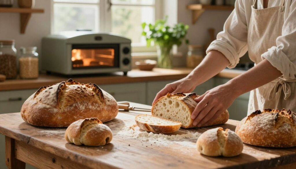 A serene kitchen scene depicting the interpretation of a dream involving bread. In the foreground, a rustic wooden table is adorned with freshly baked loaves of golden-brown bread, artisan rolls, and a scattering of flour. A pair of hands, dressed in simple, modest clothing, reaches for a slice of bread, showcasing its airy crumb structure. In the middle ground, warm sunlight streams through a window, illuminating a vintage oven with bread baking inside, creating a cozy atmosphere. The background features shelves lined with jars of grains and fresh herbs, adding vibrant green tones. The overall mood is one of abundance and warmth, evoking feelings of comfort and domestic harmony. The image captures the essence of seeing, eating, and baking bread as rich symbols of prosperity and satisfaction. A serene kitchen scene depicting the interpretation of a dream involving bread. In the foreground, a rustic wooden table is adorned with freshly baked loaves of golden-brown bread, artisan rolls, and a scattering of flour. A pair of hands, dressed in simple, modest clothing, reaches for a slice of bread, showcasing its airy crumb structure. In the middle ground, warm sunlight streams through a window, illuminating a vintage oven with bread baking inside, creating a cozy atmosphere. The background features shelves lined with jars of grains and fresh herbs, adding vibrant green tones. The overall mood is one of abundance and warmth, evoking feelings of comfort and domestic harmony. The image captures the essence of seeing, eating, and baking bread as rich symbols of prosperity and satisfaction.