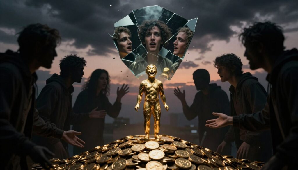 A surreal depiction of greed and false friendship in dreams. In the foreground, a golden statue of a smiling figure, symbolizing temptation, stands atop a pile of gold coins. Surrounding the statue, shadowy, indistinct figures whisper and reach out, representing false friends. In the middle ground, a fragmented mirror reflects distorted faces and exaggerated expressions of greed, surrounded by dark clouds gathering above. The background features a twilight sky, casting an eerie glow, with hints of stars emerging, suggesting hope amidst chaos. Soft, diffused lighting illuminates the scene, emphasizing the contrast between the alluring gold and the lurking shadows. The mood is tense, invoking a sense of foreboding and introspection about dreams tied to wealth and trust. A surreal depiction of greed and false friendship in dreams. In the foreground, a golden statue of a smiling figure, symbolizing temptation, stands atop a pile of gold coins. Surrounding the statue, shadowy, indistinct figures whisper and reach out, representing false friends. In the middle ground, a fragmented mirror reflects distorted faces and exaggerated expressions of greed, surrounded by dark clouds gathering above. The background features a twilight sky, casting an eerie glow, with hints of stars emerging, suggesting hope amidst chaos. Soft, diffused lighting illuminates the scene, emphasizing the contrast between the alluring gold and the lurking shadows. The mood is tense, invoking a sense of foreboding and introspection about dreams tied to wealth and trust.