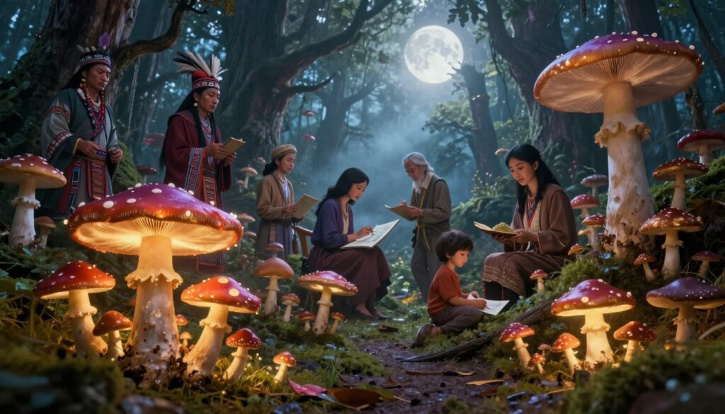 A surreal depiction of mushrooms in dreams, highlighting their cultural significance across various traditions. In the foreground, a cluster of vibrant, whimsical mushrooms in shades of red, purple, and gold, glowing softly as though illuminated by moonlight. The middle ground features a diverse array of dream-like scenes showing people from different cultures interacting with mushrooms, such as a shaman in traditional attire, a botanist sketching, and a child exploring. The background reveals an ethereal forest with ancient trees and mist, creating a mystical atmosphere. The lighting is soft and ethereal, capturing the dream-like quality, with a focus on depth and perspective that draws the viewer into this enchanting world. A surreal depiction of mushrooms in dreams, highlighting their cultural significance across various traditions. In the foreground, a cluster of vibrant, whimsical mushrooms in shades of red, purple, and gold, glowing softly as though illuminated by moonlight. The middle ground features a diverse array of dream-like scenes showing people from different cultures interacting with mushrooms, such as a shaman in traditional attire, a botanist sketching, and a child exploring. The background reveals an ethereal forest with ancient trees and mist, creating a mystical atmosphere. The lighting is soft and ethereal, capturing the dream-like quality, with a focus on depth and perspective that draws the viewer into this enchanting world.