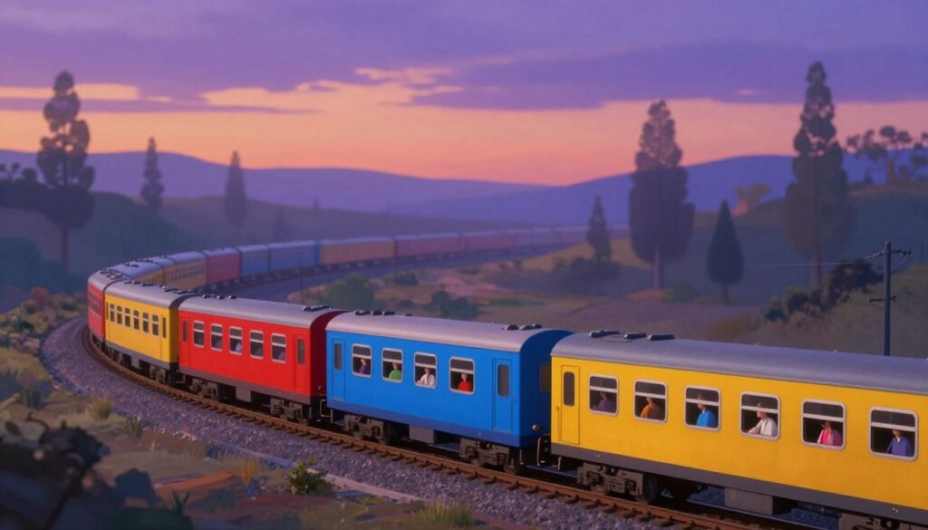 A surreal interpretation of a train journey representing emotions, relationships, and changes. In the foreground, a winding train elegantly travels along a vibrant railway, with colorful carriages symbolizing different emotions—warm reds for passion, cool blues for tranquility, and sunny yellows for joy. The middle ground features blurred silhouettes of passengers peering out of the windows, dressed in modest attire, their expressions reflecting curiosity and contemplation. In the background, a dreamy landscape unfolds, with abstract trees and soft hills merging into a twilight sky that transitions from deep purples to soft oranges, suggesting the passage of time and introspection. Soft, ethereal lighting creates a serene atmosphere, emphasizing the dreamlike quality of the scene, captured from a slightly elevated angle to evoke a sense of wonder and possibility. A surreal interpretation of a train journey representing emotions, relationships, and changes. In the foreground, a winding train elegantly travels along a vibrant railway, with colorful carriages symbolizing different emotions—warm reds for passion, cool blues for tranquility, and sunny yellows for joy. The middle ground features blurred silhouettes of passengers peering out of the windows, dressed in modest attire, their expressions reflecting curiosity and contemplation. In the background, a dreamy landscape unfolds, with abstract trees and soft hills merging into a twilight sky that transitions from deep purples to soft oranges, suggesting the passage of time and introspection. Soft, ethereal lighting creates a serene atmosphere, emphasizing the dreamlike quality of the scene, captured from a slightly elevated angle to evoke a sense of wonder and possibility.