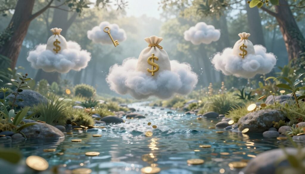 A surreal scene depicting the context of dreams and their meanings, centered around a serene, dreamlike landscape. In the foreground, a crystal-clear river symbolizes the flow of thoughts, with shimmering reflections of gold coins and lush greenery. The middle ground features ethereal clouds shaped like various symbols of wealth—such as bags of money and golden keys—floating gently in the air. In the background, a tranquil, misty forest represents the subconscious mind, with soft rays of sunlight filtering through the trees, creating an inviting ambiance. The atmosphere should evoke a sense of wonder and introspection, with a color palette of soft blues, golds, and greens. Use a soft focus with a slightly desaturated look to enhance the dreamlike quality of the scene, capturing the viewer's imagination and encouraging contemplation on the significance of dreams. A surreal scene depicting the context of dreams and their meanings, centered around a serene, dreamlike landscape. In the foreground, a crystal-clear river symbolizes the flow of thoughts, with shimmering reflections of gold coins and lush greenery. The middle ground features ethereal clouds shaped like various symbols of wealth—such as bags of money and golden keys—floating gently in the air. In the background, a tranquil, misty forest represents the subconscious mind, with soft rays of sunlight filtering through the trees, creating an inviting ambiance. The atmosphere should evoke a sense of wonder and introspection, with a color palette of soft blues, golds, and greens. Use a soft focus with a slightly desaturated look to enhance the dreamlike quality of the scene, capturing the viewer's imagination and encouraging contemplation on the significance of dreams.