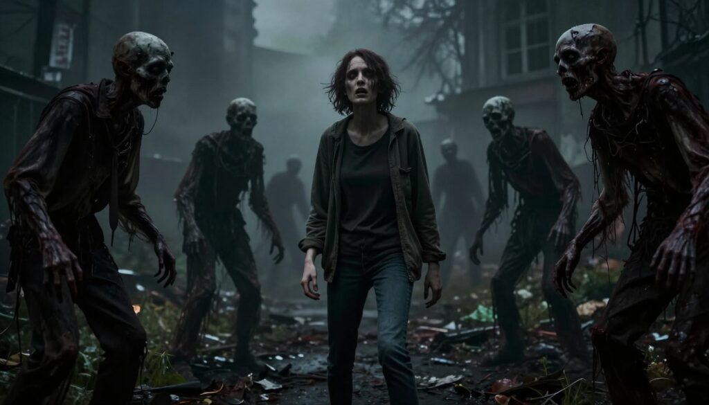 A surreal scene depicting the psychological aspects of dreaming about zombies. In the foreground, a figure stands in a disoriented pose, their expression a mix of fear and contemplation, dressed in moderate casual clothing. In the middle ground, shadowy zombie figures with distorted, haunting faces emerge, their hands reaching out as if to reflect collective anxiety. The background features a dark, misty landscape, blending urban decay with nature reclaiming the space, creating an apocalyptic atmosphere. The lighting is dim and moody, casting deep shadows that enhance the tension, while a low-angle perspective emphasizes the overwhelming presence of the zombies. The overall mood conveys a sense of dread and introspection, focusing on the emotional struggle with fear and survival. A surreal scene depicting the psychological aspects of dreaming about zombies. In the foreground, a figure stands in a disoriented pose, their expression a mix of fear and contemplation, dressed in moderate casual clothing. In the middle ground, shadowy zombie figures with distorted, haunting faces emerge, their hands reaching out as if to reflect collective anxiety. The background features a dark, misty landscape, blending urban decay with nature reclaiming the space, creating an apocalyptic atmosphere. The lighting is dim and moody, casting deep shadows that enhance the tension, while a low-angle perspective emphasizes the overwhelming presence of the zombies. The overall mood conveys a sense of dread and introspection, focusing on the emotional struggle with fear and survival.