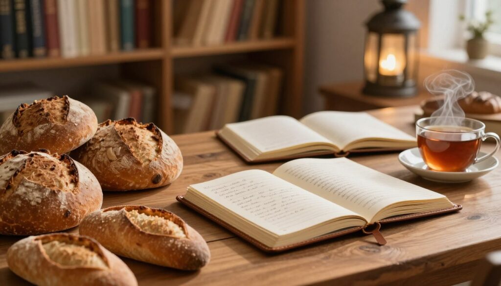A whimsical yet serene depiction of a dream interpreter’s workspace, highlighting practical tips for interpreting dreams about bread. In the foreground, a beautifully arranged wooden table with various types of bread—loaves, baguettes, and pastries—symbolizing abundance and dream insights. The middle ground features a leather-bound dream journal open to pages filled with handwritten notes, beside a steaming cup of tea. Soft, warm lighting casts gentle shadows, creating an inviting atmosphere. In the background, shelves lined with books on dream interpretation and a softly glowing lantern add to the enchanting mood. The lens captures a close-up angle, focusing on the intricate textures of the bread and the inviting workspace, encouraging the viewer to delve into the mysteries of dreams. A whimsical yet serene depiction of a dream interpreter’s workspace, highlighting practical tips for interpreting dreams about bread. In the foreground, a beautifully arranged wooden table with various types of bread—loaves, baguettes, and pastries—symbolizing abundance and dream insights. The middle ground features a leather-bound dream journal open to pages filled with handwritten notes, beside a steaming cup of tea. Soft, warm lighting casts gentle shadows, creating an inviting atmosphere. In the background, shelves lined with books on dream interpretation and a softly glowing lantern add to the enchanting mood. The lens captures a close-up angle, focusing on the intricate textures of the bread and the inviting workspace, encouraging the viewer to delve into the mysteries of dreams.