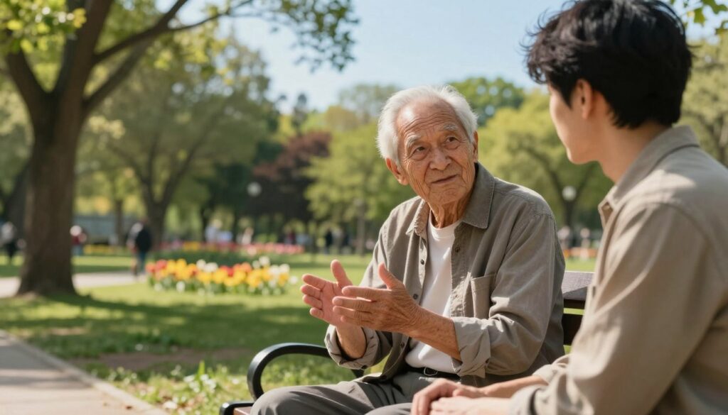 A wise elderly man, depicted as a grandfather figure, sits on a park bench sharing life lessons with a younger adult. His face, deeply lined with wrinkles, radiates kindness and wisdom, wearing modest casual clothing. The foreground features the grandfather gesturing with his hands, while the younger person listens intently, showing engagement and appreciation. In the middle ground, we see a lush park with blooming flowers and a serene atmosphere, emphasizing nature's tranquility. Soft, warm sunlight filters through the trees, casting gentle shadows and creating a peaceful mood. The background includes a clear blue sky, enhancing the sense of reflection and clarity. The angle should capture the depth of interaction, highlighting the bond between generations.