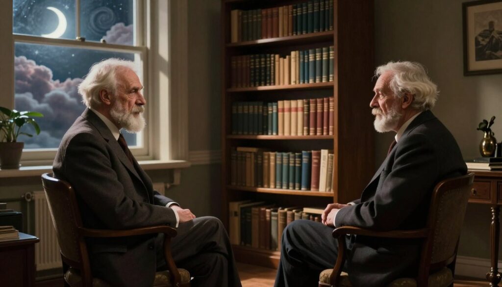 In a serene study that embodies the essence of psychoanalysis, depict a thoughtful scene featuring a symbolic representation of Freud and Jung's perspectives. In the foreground, include two chairs facing each other, filled with a soft, warm light, where the shadows subtly hint at an engaging dialogue. In the middle ground, a large bookshelf filled with classic psychology texts and dream interpretation references stands proudly, casting soft shadows in the dim light. In the background, a window reveals a dreamy landscape, showing swirling clouds and a crescent moon, symbolizing the subconscious. The atmosphere should evoke a sense of introspection and deep emotional exploration, employing soft, ambient lighting to create a calming yet intellectually stimulating environment. The composition should use a wide-angle lens to capture the depth and layers of this tranquil space. In a serene study that embodies the essence of psychoanalysis, depict a thoughtful scene featuring a symbolic representation of Freud and Jung's perspectives. In the foreground, include two chairs facing each other, filled with a soft, warm light, where the shadows subtly hint at an engaging dialogue. In the middle ground, a large bookshelf filled with classic psychology texts and dream interpretation references stands proudly, casting soft shadows in the dim light. In the background, a window reveals a dreamy landscape, showing swirling clouds and a crescent moon, symbolizing the subconscious. The atmosphere should evoke a sense of introspection and deep emotional exploration, employing soft, ambient lighting to create a calming yet intellectually stimulating environment. The composition should use a wide-angle lens to capture the depth and layers of this tranquil space.