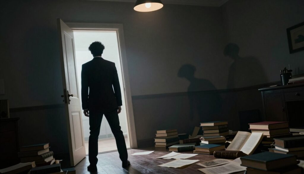 A dramatic scene depicting the theme of "kidnapping and escape" in literature and pop culture. In the foreground, a figure in professional business attire stands defiantly, silhouetted against an open door that symbolizes freedom. The middle ground features a dimly lit room with shadows creating a tense atmosphere, filled with scattered books and pages, representing themes from various literary works. In the background, a fleeting shadow of a captor can be seen, enhancing the sense of urgency. Soft, moody lighting from an overhead bulb casts an eerie glow, while the perspective is slightly tilted to evoke disorientation. The overall mood is suspenseful and thought-provoking, capturing the essence of struggle and the quest for liberation.