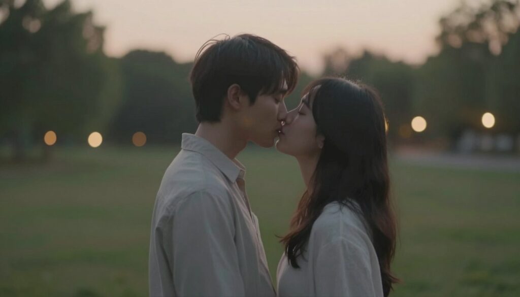 A dreamlike scene depicting an ethereal kiss between a couple, representing a former relationship. In the foreground, a man and woman stand close together, gazing into each other's eyes with expressions of longing and affection. They wear soft, casual clothing that reflects a serene and romantic atmosphere. In the middle ground, a gentle haze envelops them, enhancing the dreamlike quality of the moment. The background shows a blurred landscape of a twilight park, with soft, glowing lights and lush greenery, creating a tranquil ambiance. The lighting is soft and warm, evoking nostalgia, and the angle is slightly above eye level, capturing the intimacy of the scene. The overall mood is wistful and tender, reflecting a heartfelt connection.