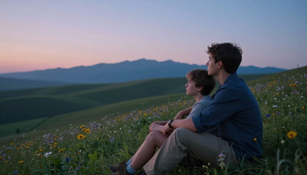 A dreamlike scene depicting two brothers, one comforting the other in a serene, softly lit landscape. In the foreground, the brothers are seated on a grassy hill, their expressions reflecting a blend of camaraderie and introspection. The younger brother gazes thoughtfully at the horizon, while the older sibling has an arm around him, offering support. In the middle ground, gentle rolling hills stretch out, dotted with blooming wildflowers under a tranquil sky transitioning from soft pastel shades of twilight to deep blue. The background features a silhouette of distant mountains, enhancing the depth of the scene. The overall mood is one of warmth and reflection, highlighting the bond between siblings shaped by life experiences. Use a wide-angle lens effect to capture the expansive peace of the setting, with a soft focus on the brothers to emphasize their emotional connection.