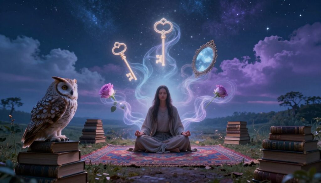 A dreamscape filled with archetypes, showcasing a mystical library at twilight. In the foreground, a wise old owl perched on a stack of ancient books, symbolizing knowledge. The middle ground features a serene figure, dressed in modest clothing, meditating on a colorful woven rug, surrounded by ethereal wisps of light. These wisps represent different dream symbols like a key, a rose, and a mirror floating gently around the figure. The background is a starry night sky, with dreamy clouds blending in soft hues of blue and purple, hinting at the connection between the dream realm and the subconscious mind. The scene is illuminated with gentle, diffused lighting, creating an ambiance of tranquility and wonder. Use a wide-angle lens to capture the depth of the dream world.