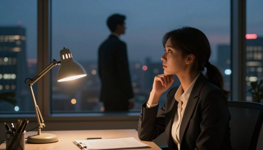 A dreamy office setting at night, softly illuminated by the warm glow of a desk lamp. In the foreground, a woman in professional business attire looks pensively out of a large window, her expression a mix of longing and contemplation. In the middle, a shadowy figure of her boss stands at a distance, slightly blurred, symbolizing a complex emotional connection. Behind them, the city skyline sparkles in the twilight, adding to the enchanting atmosphere. The lighting is warm and inviting, creating a sense of intimacy and introspection. The scene evokes emotions of desire and professionalism, capturing the essence of dreams about workplace romance.