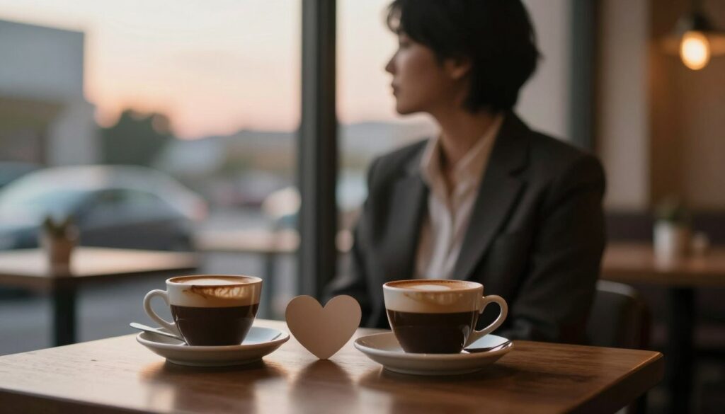 A nostalgic scene portraying a former partner's presence in your life, set in a soft, warm-lit café atmosphere. In the foreground, a coffee table with two half-finished cups of coffee, a heart-shaped decoration subtly placed between them. In the middle, a blurred silhouette of a person in professional business attire, their expression reflective, gazing out of a window, evoking memories and emotions. The background features gentle cityscape elements, with soft bokeh lights and a twilight sky, enhancing the sentimentality. The image should convey a bittersweet feeling, with a serene color palette of warm browns and soft pastels, captured from a slightly elevated angle to create an intimate perspective.