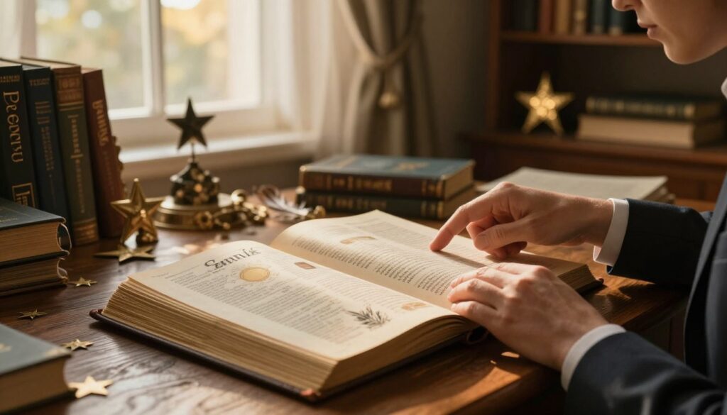 A serene and contemplative scene depicting a dream interpretation session, focusing on a richly illustrated dream dictionary (sennik) laid open on a textured wooden desk. In the foreground, a pair of hands, clad in professional attire, gently points to a specific entry, reflecting deep thought. The middle ground features an elegant, softly lit study with shelves filled with various dream books and trinkets symbolizing dreams, like feathers and stars. The background shows a large window with sheer curtains, allowing warm, golden sunlight to filter through, casting a calming glow over the scene. The atmosphere is tranquil and scholarly, inviting the viewer to explore the depths of dream analysis with a sense of intrigue and intellectual curiosity.