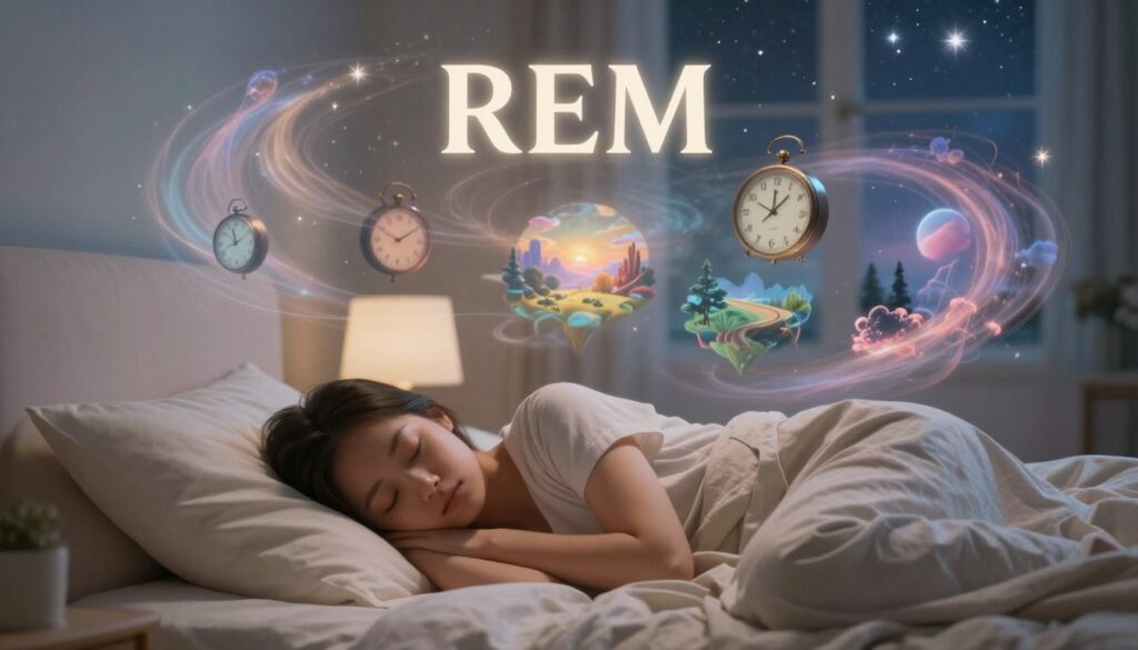 A serene and dream-like bedroom scene that illustrates the different stages of sleep, focusing on REM sleep. In the foreground, a peaceful person in modest sleepwear is resting comfortably in a softly-lit bed, surrounded by ethereal, swirling dream imagery above them, symbolizing the REM phase. In the middle ground, a collage of dream-like elements, such as floating clocks and surreal landscapes, represents time distortion and vivid dreams. The background shows soft, blurred silhouettes of a tranquil night sky filled with stars, imparting a calming atmosphere. The lighting is gentle and warm, evoking a sense of peace and relaxation. The image should convey the transformative essence of sleep stages, particularly emphasizing REM sleep and its importance, without any text or distracting elements.