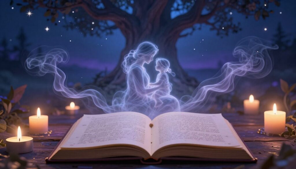 A serene and mystical dreamscape illustrating the theme of dream interpretation. In the foreground, a richly detailed dream journal lies open, filled with elegant handwriting, surrounded by soft glowing candles. The middle ground features ethereal wisps of smoke forming dream-like imagery, such as a mother and child embracing, symbolizing longing and connection. In the background, a tranquil night sky dotted with stars illuminates a large, ancient tree, representing wisdom and the tradition of interpreting dreams. The atmosphere is both soothing and reflective, with soft blue and purple hues dominating the color palette. The lighting is soft and ambient, enhancing the dreamlike quality of the scene, inviting viewers to ponder the depths of their own dreams and memories. A serene and mystical dreamscape illustrating the theme of dream interpretation. In the foreground, a richly detailed dream journal lies open, filled with elegant handwriting, surrounded by soft glowing candles. The middle ground features ethereal wisps of smoke forming dream-like imagery, such as a mother and child embracing, symbolizing longing and connection. In the background, a tranquil night sky dotted with stars illuminates a large, ancient tree, representing wisdom and the tradition of interpreting dreams. The atmosphere is both soothing and reflective, with soft blue and purple hues dominating the color palette. The lighting is soft and ambient, enhancing the dreamlike quality of the scene, inviting viewers to ponder the depths of their own dreams and memories.
