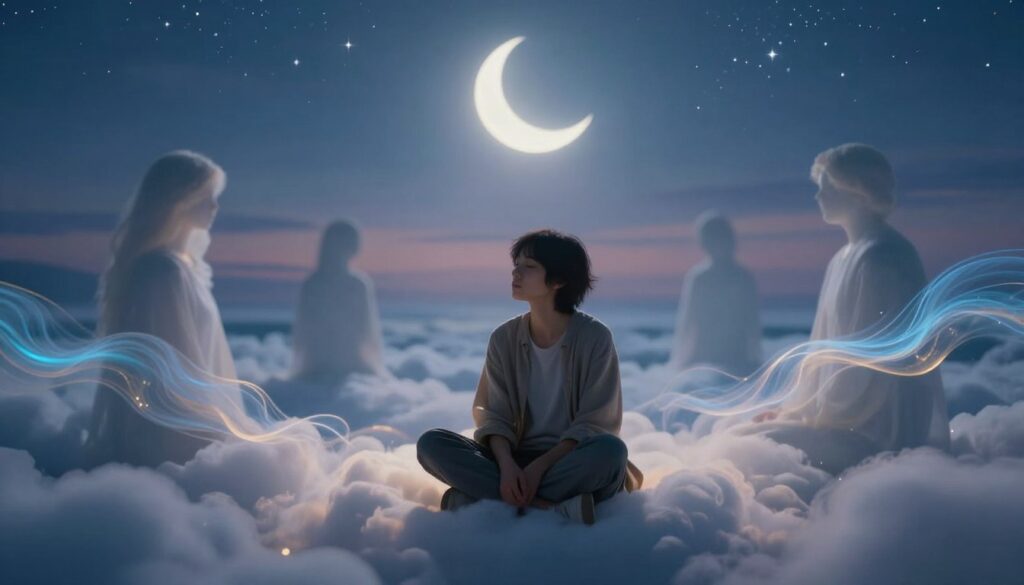 A serene and mystical night scene depicting the essence of dream interpretation involving deceased loved ones. In the foreground, a thoughtful person in modest casual clothing sits cross-legged on a soft, ethereal cloud, their eyes closed, reflecting deep contemplation. Wisps of colorful dream imagery swirl around them, representing memories and emotions, such as gentle waves of blue and soft gold light. The middle ground features shadows of faintly glowing figures symbolizing lost ones, subtly emerging from the clouds, evoking feelings of nostalgia and comfort. The background is a twilight sky filled with stars and a glowing crescent moon that casts a calming light over the entire scene, enhancing the reflective atmosphere. The image should have a soft focus to create a dreamlike quality, with a slightly ethereal glow to the overall composition. A serene and mystical night scene depicting the essence of dream interpretation involving deceased loved ones. In the foreground, a thoughtful person in modest casual clothing sits cross-legged on a soft, ethereal cloud, their eyes closed, reflecting deep contemplation. Wisps of colorful dream imagery swirl around them, representing memories and emotions, such as gentle waves of blue and soft gold light. The middle ground features shadows of faintly glowing figures symbolizing lost ones, subtly emerging from the clouds, evoking feelings of nostalgia and comfort. The background is a twilight sky filled with stars and a glowing crescent moon that casts a calming light over the entire scene, enhancing the reflective atmosphere. The image should have a soft focus to create a dreamlike quality, with a slightly ethereal glow to the overall composition.