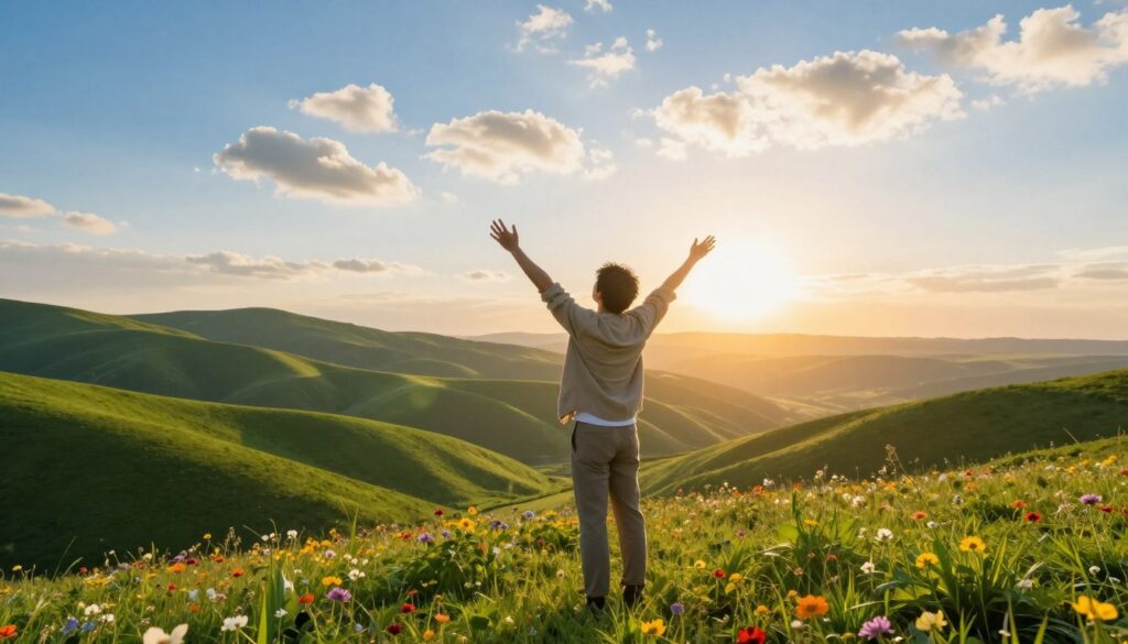 A serene and uplifting scene depicting a person experiencing a joyful moment of escape. In the foreground, a young adult in modest casual clothing stands on a scenic hilltop, arms raised to the sky in a gesture of liberation and triumph. The middle ground features a vibrant, flowing landscape with rolling green hills and colorful wildflowers, symbolizing freedom and positivity. In the background, a vivid sunrise casts warm golden rays over the scene, illuminating a bright blue sky scattered with fluffy white clouds. The atmosphere is one of hope, excitement, and renewed possibilities. The image should have soft, natural lighting highlighting the beauty of the setting, captured from a slightly elevated angle to encompass the expansive view of freedom beyond.