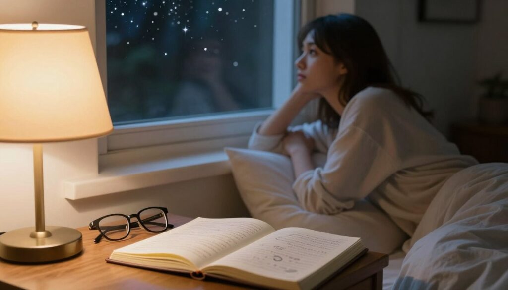 A serene bedroom scene bathed in soft, warm light emanating from a bedside lamp, casting gentle shadows. In the foreground, a dream journal lies open on a wooden nightstand, filled with handwritten notes and doodles. A pair of eyeglasses rests beside it, symbolizing reflection and introspection. In the middle ground, a person in modest casual clothing, a young woman with a pensive expression, gazes dreamily out the window, her body slightly turned, contemplating her feelings. In the background, a softly blurred image of night sky with twinkling stars can be seen through the window, invoking a sense of wonder and connection to dreams. The atmosphere is thoughtful and introspective, inviting a deeper understanding of emotions and dreams.