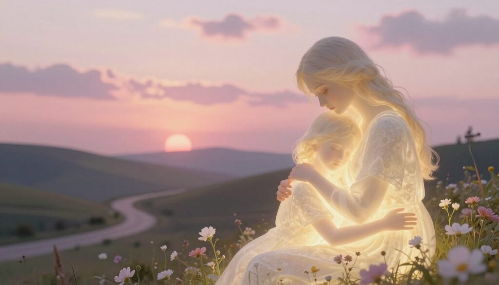 A serene dreamscape capturing the essence of longing and nostalgia for a deceased mother. In the foreground, a softly glowing ethereal figure of a woman in a gentle embrace, surrounded by delicate flowers symbolizing love and remembrance. The middle ground reveals a tranquil landscape with rolling hills and a winding path leading into a pastel-hued sunset, evoking feelings of warmth and sadness. In the background, wispy clouds gently drift, blending shades of pink and gold, enhancing the dreamlike quality. The atmosphere is filled with soft, diffused light reminiscent of twilight, casting a peaceful glow. The composition is framed with a focus on tenderness, inviting the viewer to reflect on cherished memories and emotional connections. A serene dreamscape capturing the essence of longing and nostalgia for a deceased mother. In the foreground, a softly glowing ethereal figure of a woman in a gentle embrace, surrounded by delicate flowers symbolizing love and remembrance. The middle ground reveals a tranquil landscape with rolling hills and a winding path leading into a pastel-hued sunset, evoking feelings of warmth and sadness. In the background, wispy clouds gently drift, blending shades of pink and gold, enhancing the dreamlike quality. The atmosphere is filled with soft, diffused light reminiscent of twilight, casting a peaceful glow. The composition is framed with a focus on tenderness, inviting the viewer to reflect on cherished memories and emotional connections.