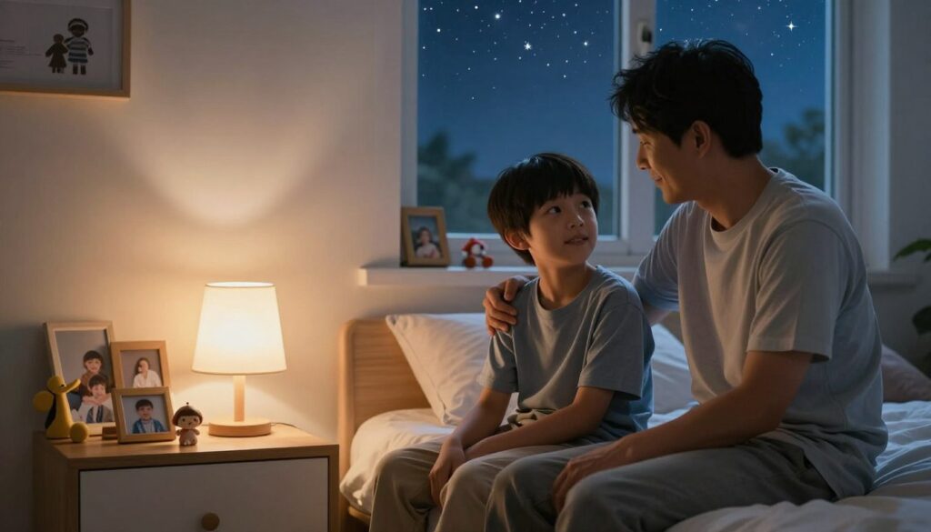 A serene dreamscape depicting a brotherly bond, set in a softly lit bedroom at twilight. In the foreground, two brothers, one younger and one older, are portrayed sitting on a cozy bed, engaged in a heartwarming conversation, wearing modest casual clothing, reflecting support and camaraderie. In the middle ground, a gentle glow of a bedside lamp casts warm light over family photos and toys, symbolizing childhood memories and shared experiences. In the background, a large window reveals a starry night sky, enhancing the dreamlike atmosphere. The overall mood is reflective and nurturing, capturing the psychological aspects of sibling relationships and the themes of competition versus support. The composition employs a slightly angled view to add depth and intimacy to the scene.