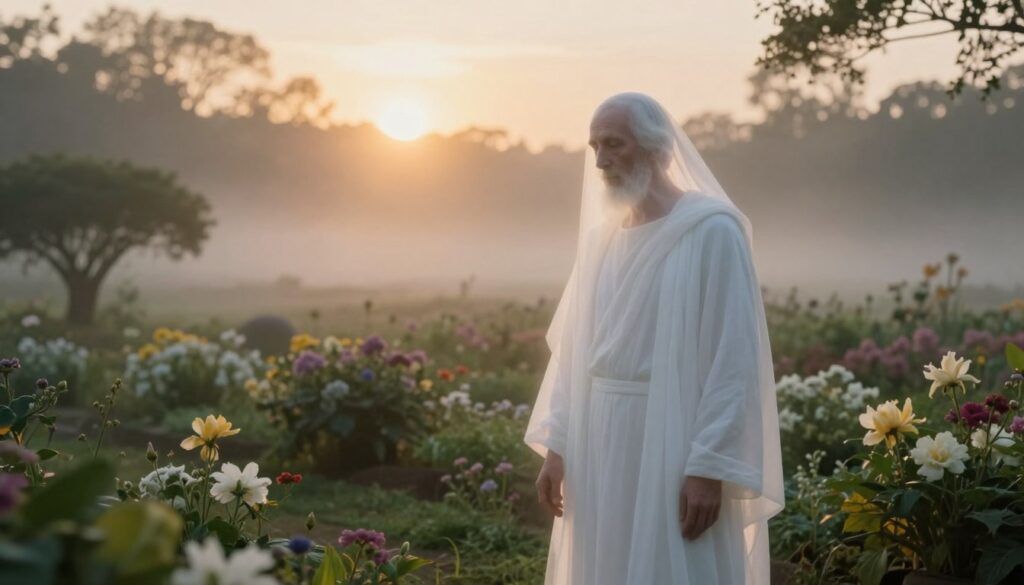 A serene dreamscape illustrating the theme of resurrection. In the foreground, a ghostly figure, resembling an elderly man in modest, flowing white robes, is softly illuminated by an ethereal glow, representing the spirit returning to life. His expression is peaceful and contemplative. The middle ground features a tranquil garden filled with blooming flowers and lush greenery, symbolizing renewal and hope. In the background, a misty, soft-focus depiction of a sunrise filters through distant trees, casting warm, golden light over the scene, enhancing the mood of awakening and transformation. The overall atmosphere is calm and uplifting, inviting contemplation of the emotional depth of dreams about resurrection, with a focus on light, clarity, and a sense of ethereal beauty. A serene dreamscape illustrating the theme of resurrection. In the foreground, a ghostly figure, resembling an elderly man in modest, flowing white robes, is softly illuminated by an ethereal glow, representing the spirit returning to life. His expression is peaceful and contemplative. The middle ground features a tranquil garden filled with blooming flowers and lush greenery, symbolizing renewal and hope. In the background, a misty, soft-focus depiction of a sunrise filters through distant trees, casting warm, golden light over the scene, enhancing the mood of awakening and transformation. The overall atmosphere is calm and uplifting, inviting contemplation of the emotional depth of dreams about resurrection, with a focus on light, clarity, and a sense of ethereal beauty.