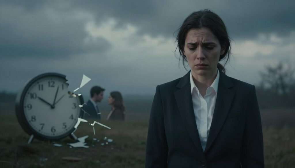 A surreal and introspective scene capturing the emotions and fears associated with dreams of betrayal. In the foreground, a person in professional attire stands with a troubled expression, their face reflecting anxiety and sadness. Their silhouette is semi-transparent, merging with shadows to signify inner turmoil. In the middle ground, a dreamlike landscape unfolds—a broken clock symbolizing lost time, and fragmented images of couples in whispers, signifying betrayal. In the background, a cloudy, dimly lit sky enhances the atmosphere of uncertainty and unease. Soft, ambient lighting casts gentle shadows, creating a mood of melancholy and introspection. The overall image conveys a sense of emotional conflict and vulnerability without any text or distracting elements.