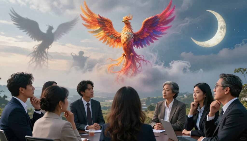 A surreal and thought-provoking representation of cultural interpretations of dreams about death. In the foreground, a diverse group of people dressed in professional attire, reflecting various cultures, engage in deep conversation, their expressions a mix of contemplation and curiosity. In the middle ground, ethereal dream-like elements such as wispy clouds and shadows of symbolic death imagery, like a phoenix and a crescent moon, intertwine with bright colors, representing transformation and renewal. The background features a serene landscape, transitioning between day and night, symbolizing the cycle of life and death. Soft, diffused lighting enhances the atmosphere, evoking a sense of wonder and introspection, framed with a wide-angle lens to capture the breadth of this poignant scene. A surreal and thought-provoking representation of cultural interpretations of dreams about death. In the foreground, a diverse group of people dressed in professional attire, reflecting various cultures, engage in deep conversation, their expressions a mix of contemplation and curiosity. In the middle ground, ethereal dream-like elements such as wispy clouds and shadows of symbolic death imagery, like a phoenix and a crescent moon, intertwine with bright colors, representing transformation and renewal. The background features a serene landscape, transitioning between day and night, symbolizing the cycle of life and death. Soft, diffused lighting enhances the atmosphere, evoking a sense of wonder and introspection, framed with a wide-angle lens to capture the breadth of this poignant scene.