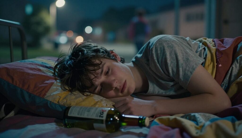 A surreal dreamlike scene featuring a younger brother appearing disheveled and slightly intoxicated, showcasing a mixture of confusion and slumber in his expression. In the foreground, he is lying on a bed, tangled in colorful sheets, with a half-empty bottle placed haphazardly beside him. The middle layer reveals soft, ambient lighting illuminating his face, creating whimsical shadows that highlight an ethereal atmosphere. In the background, a faint, abstract representation of suburban night life with gently flickering street lights and hazy figures adds to the dreamy quality. The overall mood is contemplative, evoking a sense of rivalry and brotherly concern. The image should be captured from a slightly elevated angle, enhancing the introspective nature of the dream surrounding him.