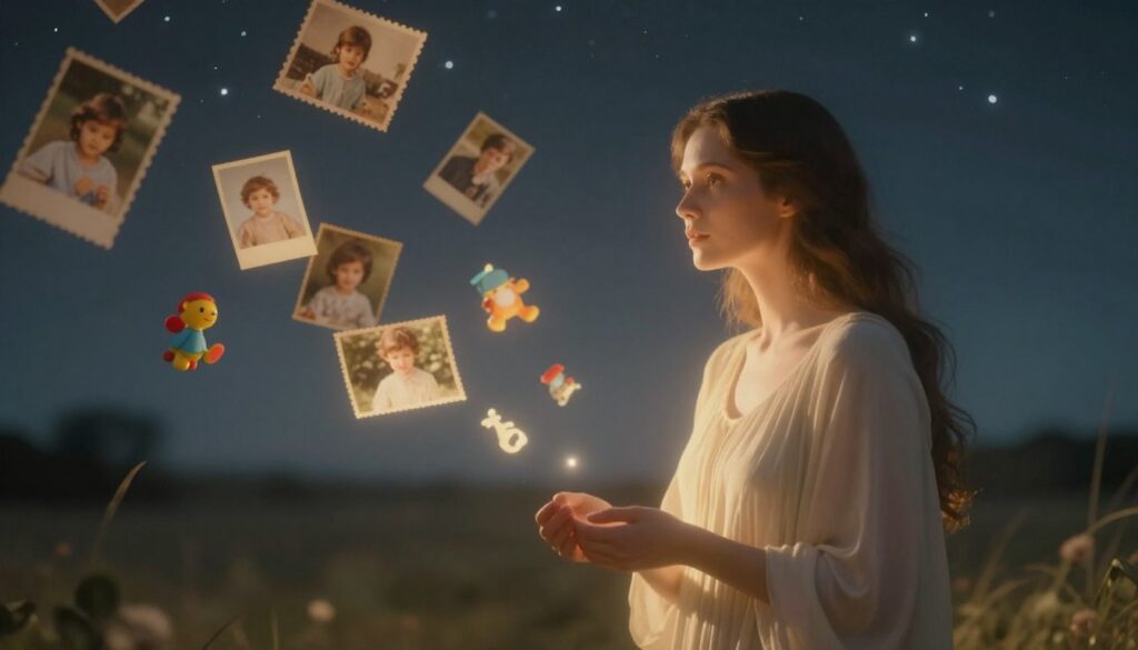 A surreal dreamscape depicting emotions and relationships with a mother figure. In the foreground, a gentle, ethereal figure of a mother, with a warm, nurturing expression, surrounded by soft, glowing light, dressed in a modest, flowing gown. The middle ground features a serene, tranquil setting of floating memories: nostalgic photographs, children's toys, and shared moments, softly illuminated by a golden hue. The background transitions into a vast, starry night sky, suggesting the depth of longing and dreams. The atmosphere is calm and reflective, evoking feelings of nostalgia and warmth, with a sense of connection that transcends time. The lighting is soft and diffused to enhance the dreamlike quality, with a slight vignette to draw focus on the mother figure. A surreal dreamscape depicting emotions and relationships with a mother figure. In the foreground, a gentle, ethereal figure of a mother, with a warm, nurturing expression, surrounded by soft, glowing light, dressed in a modest, flowing gown. The middle ground features a serene, tranquil setting of floating memories: nostalgic photographs, children's toys, and shared moments, softly illuminated by a golden hue. The background transitions into a vast, starry night sky, suggesting the depth of longing and dreams. The atmosphere is calm and reflective, evoking feelings of nostalgia and warmth, with a sense of connection that transcends time. The lighting is soft and diffused to enhance the dreamlike quality, with a slight vignette to draw focus on the mother figure.