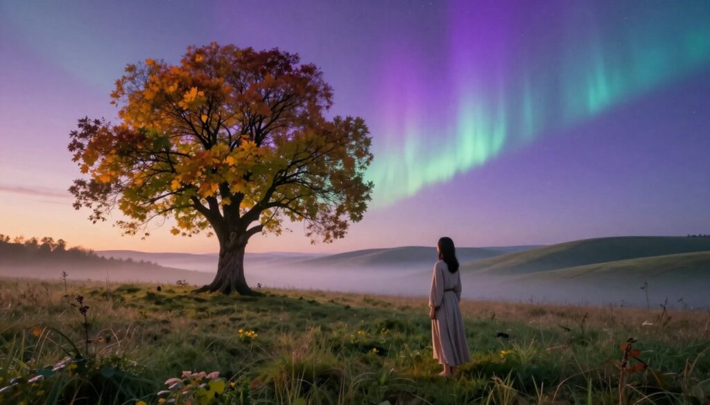 A surreal dreamscape depicting the symbolic interpretation of death as transformation and new beginnings. In the foreground, a serene figure dressed in modest, flowing attire stands in a tranquil meadow, gazing at a luminous aurora in the sky that reflects shades of purple and blue. The middle ground features a metamorphosing tree with vibrant leaves transitioning from autumn to spring, symbolizing the cycle of life and rebirth. The background presents soft, rolling hills that fade into a misty horizon, enveloping the scene in an ethereal atmosphere. The gentle glow of twilight casts a warm, inviting light over the scene, creating a sense of peace and introspection. The camera angle is slightly elevated, allowing for a panoramic view of this dreamlike landscape. A surreal dreamscape depicting the symbolic interpretation of death as transformation and new beginnings. In the foreground, a serene figure dressed in modest, flowing attire stands in a tranquil meadow, gazing at a luminous aurora in the sky that reflects shades of purple and blue. The middle ground features a metamorphosing tree with vibrant leaves transitioning from autumn to spring, symbolizing the cycle of life and rebirth. The background presents soft, rolling hills that fade into a misty horizon, enveloping the scene in an ethereal atmosphere. The gentle glow of twilight casts a warm, inviting light over the scene, creating a sense of peace and introspection. The camera angle is slightly elevated, allowing for a panoramic view of this dreamlike landscape.