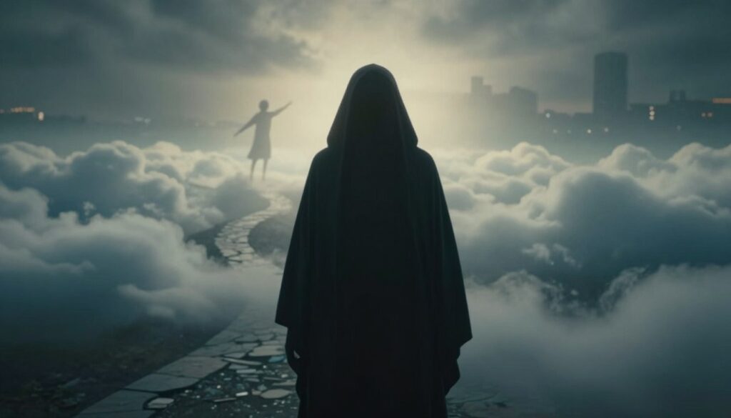 A surreal dreamscape illustrating the symbolism of abduction in dreams, with a shadowy figure in the foreground, cloaked in dark, flowing robes, representing fear and uncertainty. In the middle ground, an ethereal landscape featuring swirling clouds and fragmented paths leading into darkness, suggesting the complexities of escaping captivity. A soft, haunting glow emanates from behind the figure, illuminating a distant silhouette of a person reaching for freedom, symbolizing hope. The background should include a blurred cityscape, representing reality, fading into the mist, enhancing the dreamlike atmosphere. Use cool, muted colors with contrasting warm highlights to evoke a sense of tension and mystery. Soft focus and a slight vignette effect create an introspective mood, inviting viewers to reflect on the deeper meanings behind dreams of abduction.