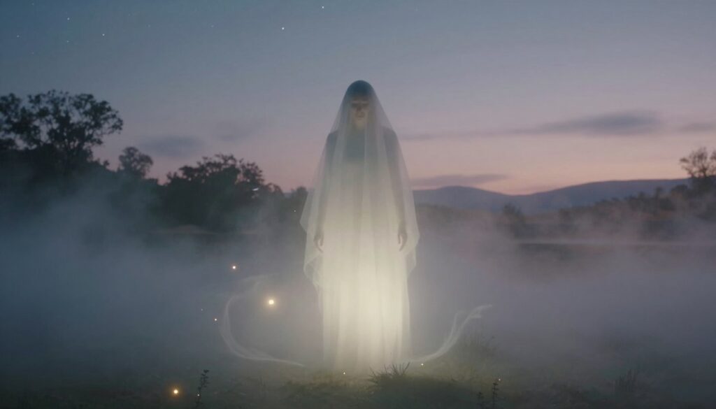 A surreal interpretation of a resurrection dream, featuring an ethereal scene where a ghostly figure, representing the deceased, emerges from a luminous, misty light. In the foreground, delicate wisps of fog swirl around the figure's feet, blending with soft, glowing orbs that symbolize memories. The middle ground reveals a tranquil, dreamlike landscape, with shadowy silhouettes of trees and gentle hills under a starry night sky, casting an otherworldly glow. The background fades into soft pastels, enhancing the mystical ambiance. Use soft, diffused lighting to create a serene and contemplative mood, with a slight vignette effect to draw attention to the central figure. Capture the scene with a wide-angle lens to encompass the vastness of this dream realm. A surreal interpretation of a resurrection dream, featuring an ethereal scene where a ghostly figure, representing the deceased, emerges from a luminous, misty light. In the foreground, delicate wisps of fog swirl around the figure's feet, blending with soft, glowing orbs that symbolize memories. The middle ground reveals a tranquil, dreamlike landscape, with shadowy silhouettes of trees and gentle hills under a starry night sky, casting an otherworldly glow. The background fades into soft pastels, enhancing the mystical ambiance. Use soft, diffused lighting to create a serene and contemplative mood, with a slight vignette effect to draw attention to the central figure. Capture the scene with a wide-angle lens to encompass the vastness of this dream realm.