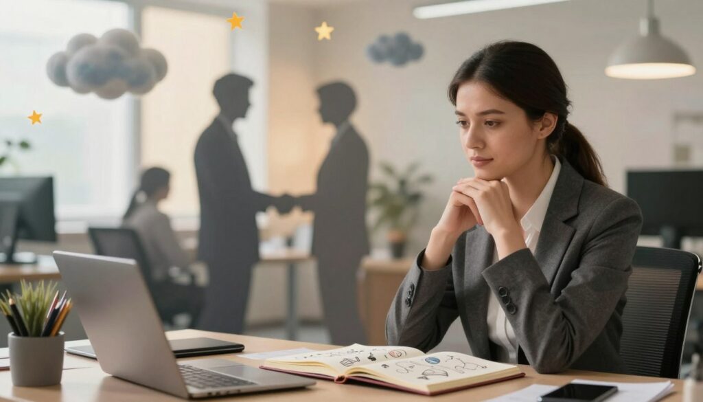 A surreal office scene blending dream interpretations with workplace relationships. In the foreground, a professional businesswoman in smart attire sits at a desk, her expression thoughtful as she gazes at an open dream journal filled with images of dreams and workplace symbols. In the middle ground, silhouettes of colleagues engage in subtle interactions, like a handshake or a collaborative discussion, symbolizing connections. The background features blurred images of an office environment with soft, warm lighting creating an inviting atmosphere. Overhead, abstract representations of dream elements like clouds and stars float, blending into the workspace. The overall mood should be reflective and insightful, capturing the intersection of dreams and professional life. Use a soft focus lens effect to enhance the dreamlike quality.