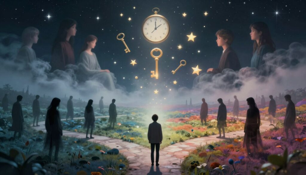 A surreal representation of various types of dreams, illustrating nightmares, lucid dreams, and symbolic dreams. In the foreground, depict a person standing at a crossroads, with one path leading to dark, shadowy figures symbolizing nightmares, while the other leads to a vibrant, colorful landscape filled with floating dream-like symbols like clocks, keys, and stars representing lucid and symbolic dreams. In the middle ground, incorporate ethereal clouds and mist, enhancing the dreamlike atmosphere. The background should feature a starry night sky, casting soft, glowing light across the scene. Utilize a soft focus lens effect to create a sense of depth and mystery, imbuing the image with an otherworldly, tranquil ambiance.