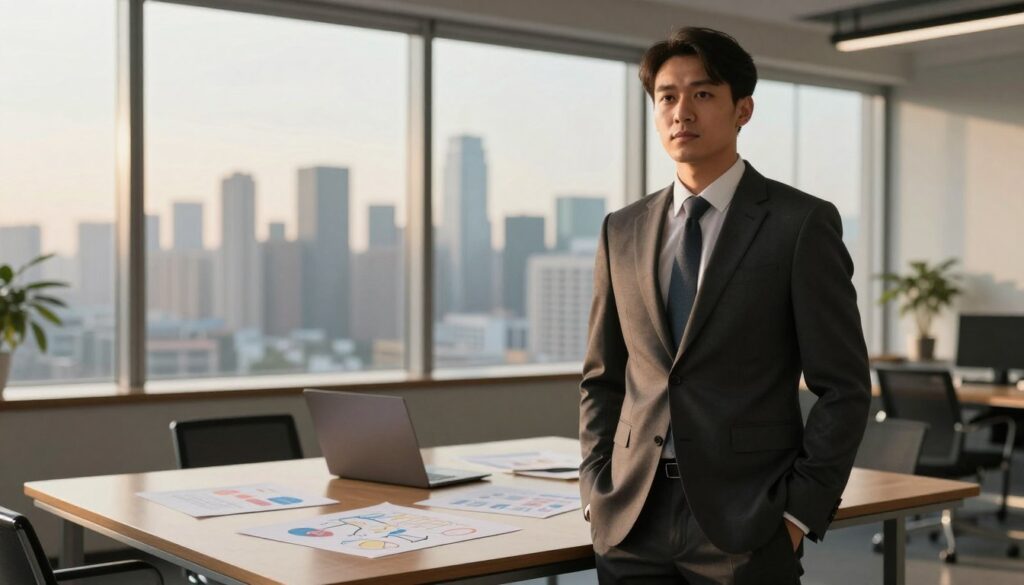 A symbolic representation of a boss in a dream interpretation context, featuring a confident business executive figure standing in a modern office environment. In the foreground, the figure wears a sharp suit, embodying authority and leadership, with a thoughtful expression as they gaze towards the viewer. In the middle ground, a large wooden desk is scattered with organizational charts and a laptop, symbolizing work dynamics and ambition. The background reveals a panoramic view of a city skyline through floor-to-ceiling windows, bathed in the warm glow of late afternoon sunlight. Soft shadows and high contrast enhance the atmosphere, creating a sense of introspection and ambition. The overall mood is professional and inspiring, ideal for illustrating themes of work relationships and career advancement.