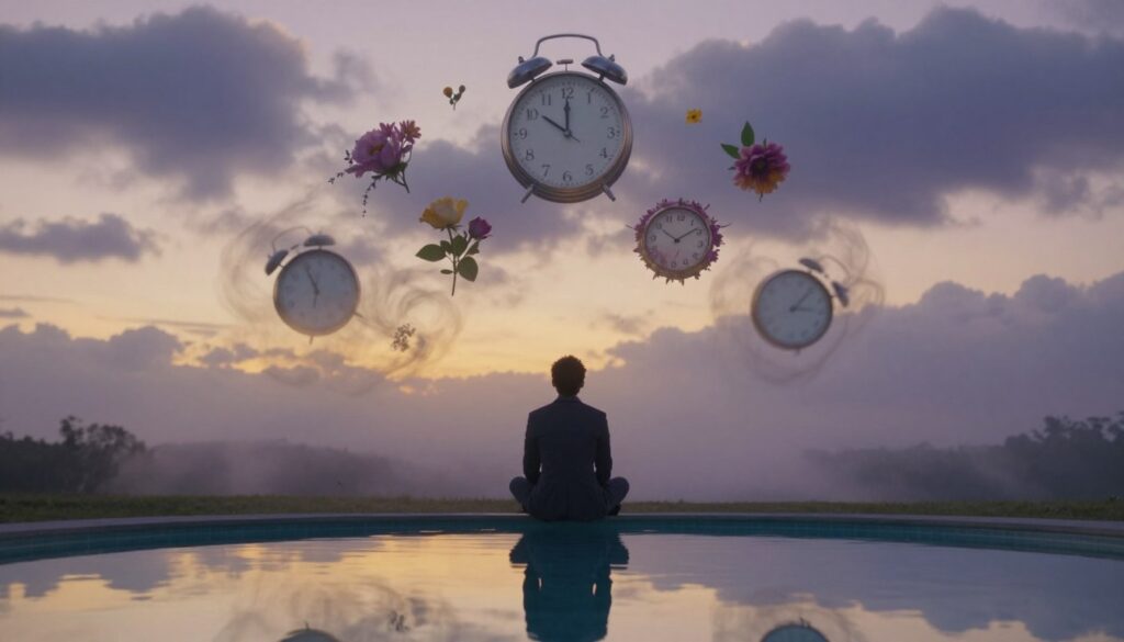 A symbolic representation of psychological analysis of dreams about death, featuring a serene yet thought-provoking dreamscape. In the foreground, a calm figure in professional attire contemplates a reflective pool, symbolizing introspection and self-discovery. The middle layer includes ethereal, swirling mist and fragmented images of clocks and blooming flowers, signifying the passage of time and the cycle of life. In the background, a muted sunset casts soft golden and purple hues across a cloudy sky, enhancing the dream-like quality and evoking a sense of peace amid uncertainty. The lighting is soft and ambient, creating a tranquil atmosphere, and a shallow depth of field focuses on the contemplative figure, inviting viewers to ponder the theme of transformation. A symbolic representation of psychological analysis of dreams about death, featuring a serene yet thought-provoking dreamscape. In the foreground, a calm figure in professional attire contemplates a reflective pool, symbolizing introspection and self-discovery. The middle layer includes ethereal, swirling mist and fragmented images of clocks and blooming flowers, signifying the passage of time and the cycle of life. In the background, a muted sunset casts soft golden and purple hues across a cloudy sky, enhancing the dream-like quality and evoking a sense of peace amid uncertainty. The lighting is soft and ambient, creating a tranquil atmosphere, and a shallow depth of field focuses on the contemplative figure, inviting viewers to ponder the theme of transformation.